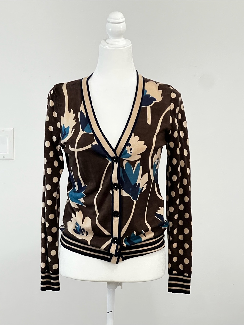 Boden Wool Mixed Print Cardigan Sweater Brown Teal Floral Polka Dot Size 12